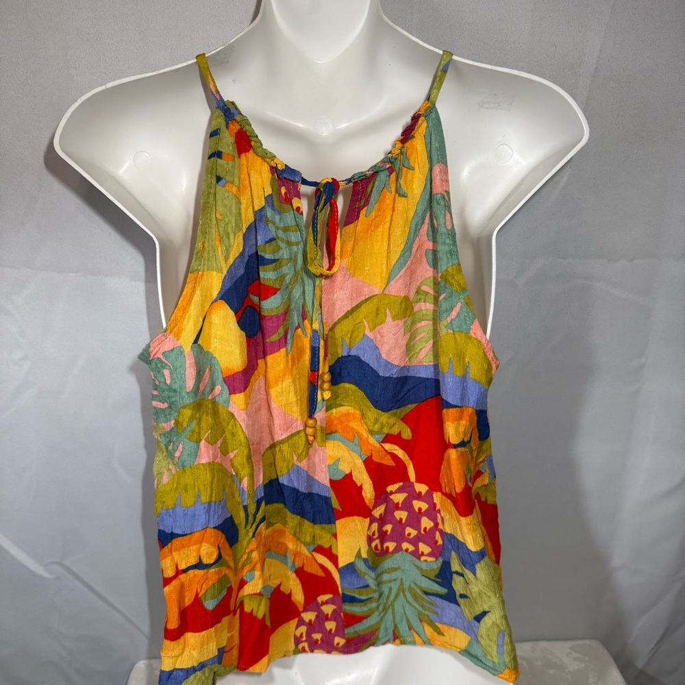 Christian Siriano Tropical Print Halter Tank Top S Multicolor Rayon Resort - Picture 2 of 8